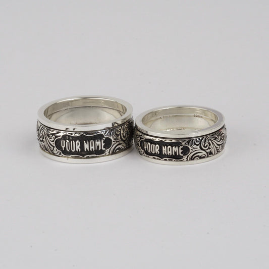 Couples Personalized Sterling Silver Spinner Ring Set – Scrollwork Wedding Bands with Custom Name & Rotating Center for Fidget Relief