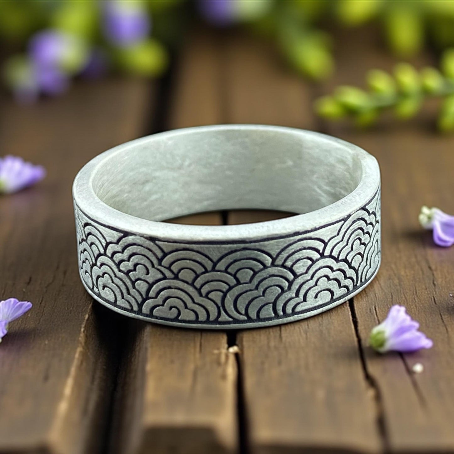Seigaiha Wave Pattern 925 Sterling Silver Ring | Hand Engraved Japanese Ocean Wedding Band, Rustic Mens Promise Jewelry by Cousinjewellry