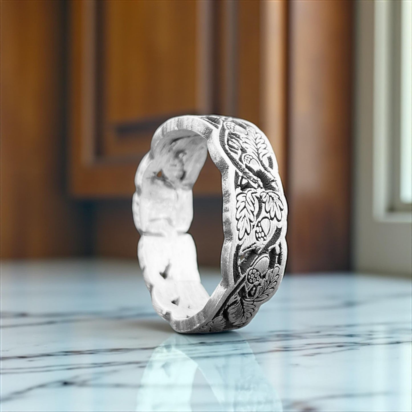 Oak Leaf & Acorn 925 Sterling Silver Ring | Hand-Carved Wavy Rustic Nature Wedding Band for Him or Her, Forest Jewelry by Cousinjewellry