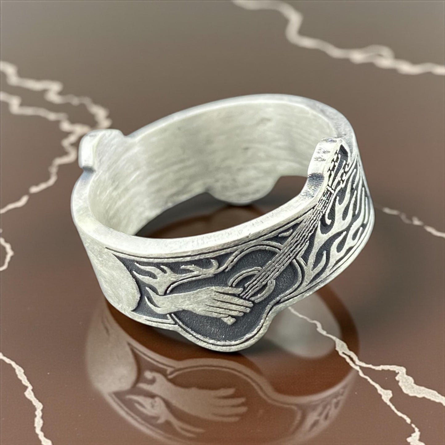 Flaming Guitar Silver Ring – Hand Engraved 925 Sterling Band for Musicians and Rock Lovers – Adjustable Handmade Cousinjewellry Ring