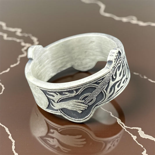 Flaming Guitar Silver Ring – Hand Engraved 925 Sterling Band for Musicians and Rock Lovers – Adjustable Handmade Cousinjewellry Ring