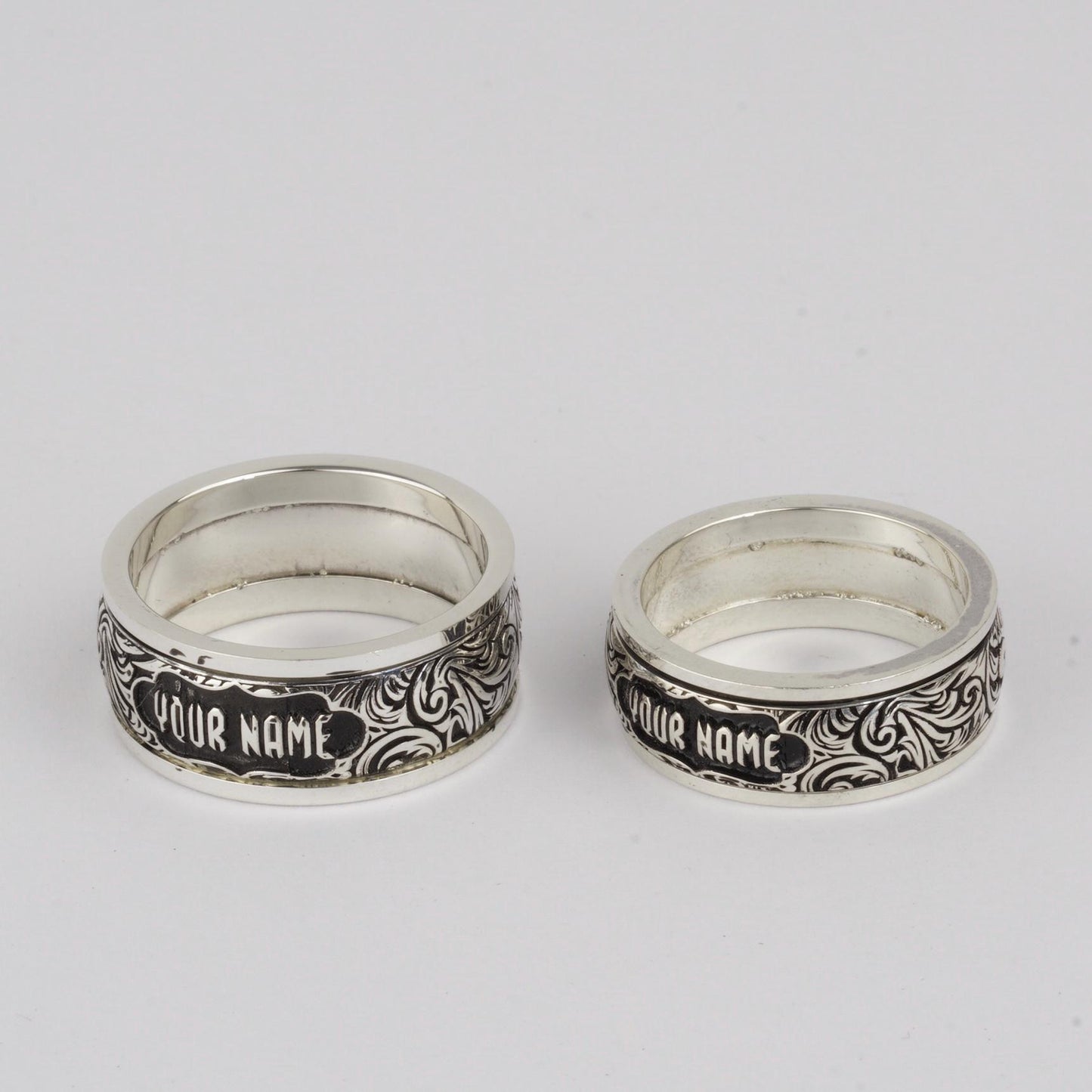Couples Personalized Sterling Silver Spinner Ring Set – Scrollwork Wedding Bands with Custom Name & Rotating Center for Fidget Relief