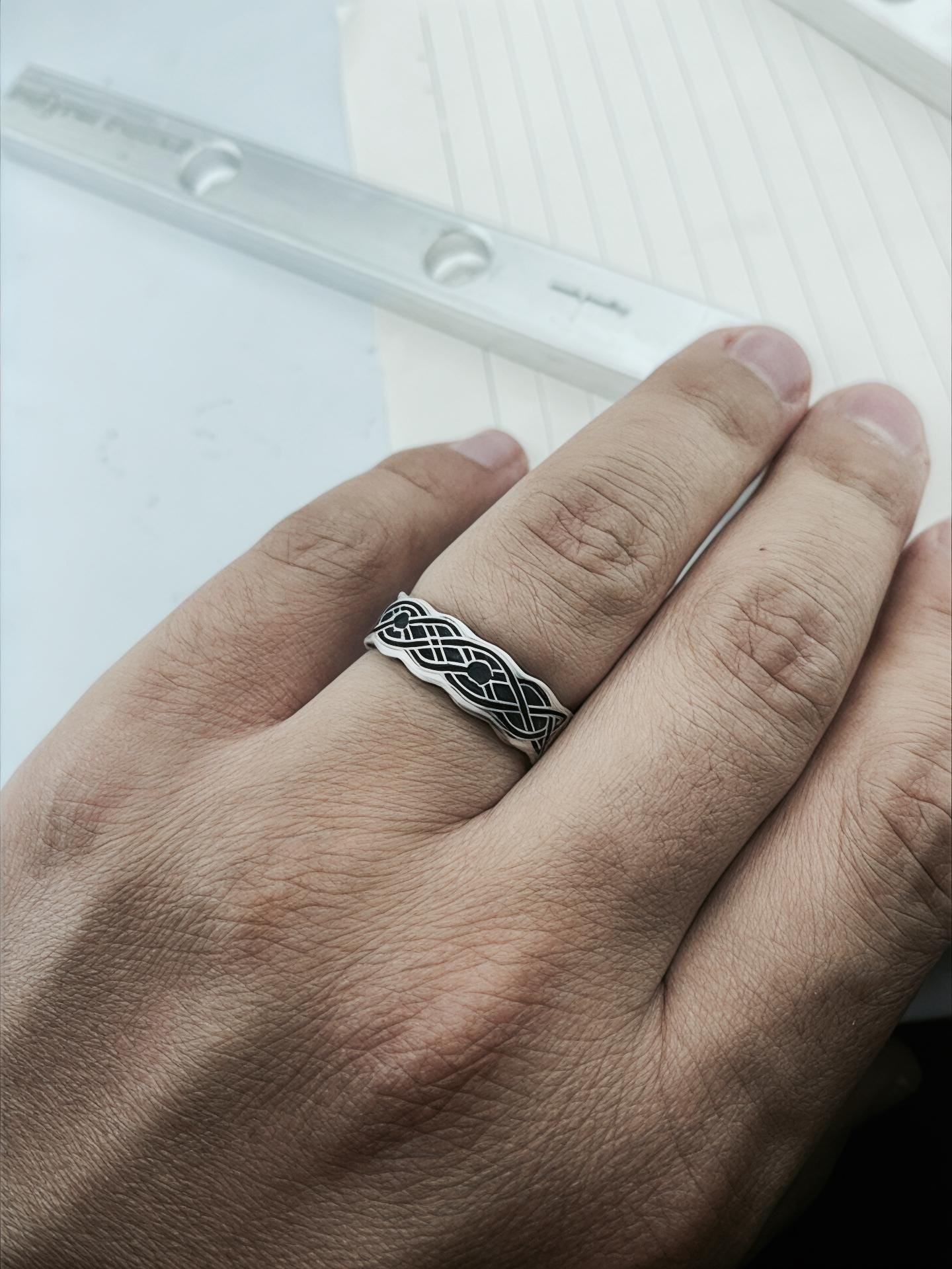 Rustic Celtic Knot Sterling Silver Ring | Hand Carved 925 Wavy Mens Band, Textured Antique Finish Wedding Promise Jewelry by Cousinjewellry