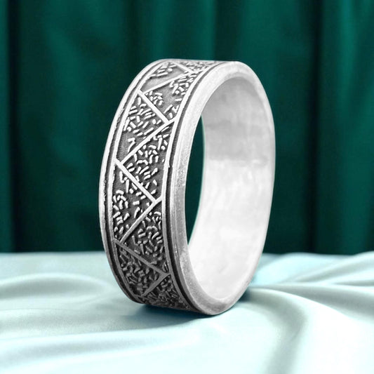 925 Sterling Silver Geometric Pattern Ring for Men – Oxidized Textured Silver Band – Handmade Wide Artisan Ring by Cousinjewellry