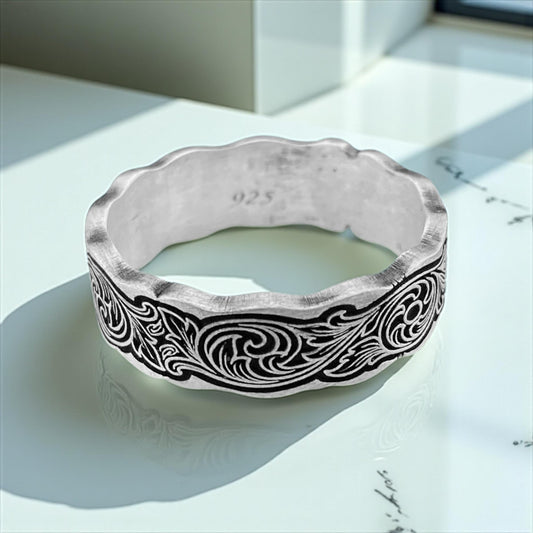 Baroque Scroll Sterling Silver 925 Ring | Handcrafted Wavy Edge Vintage Floral Men’s Band, Antiqued Wedding Ring by Cousinjewellry