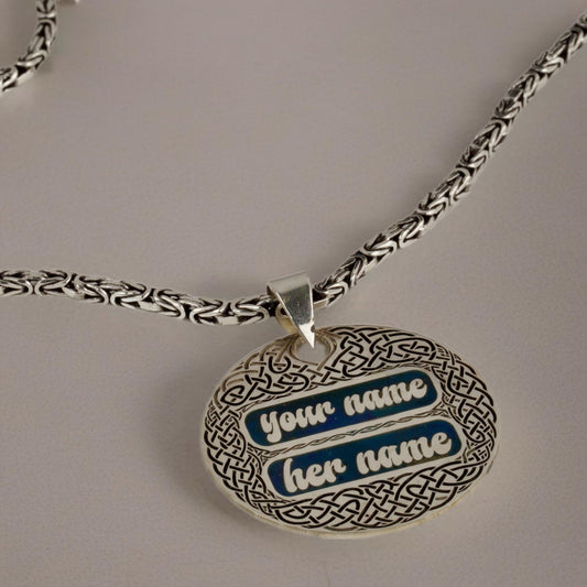 Custom Double Name Celtic Knot Pendant Necklace 925 Sterling Silver with D. Blue Enamel – Couples Gift, 1.18" Medallion by Cousin Jewellery.