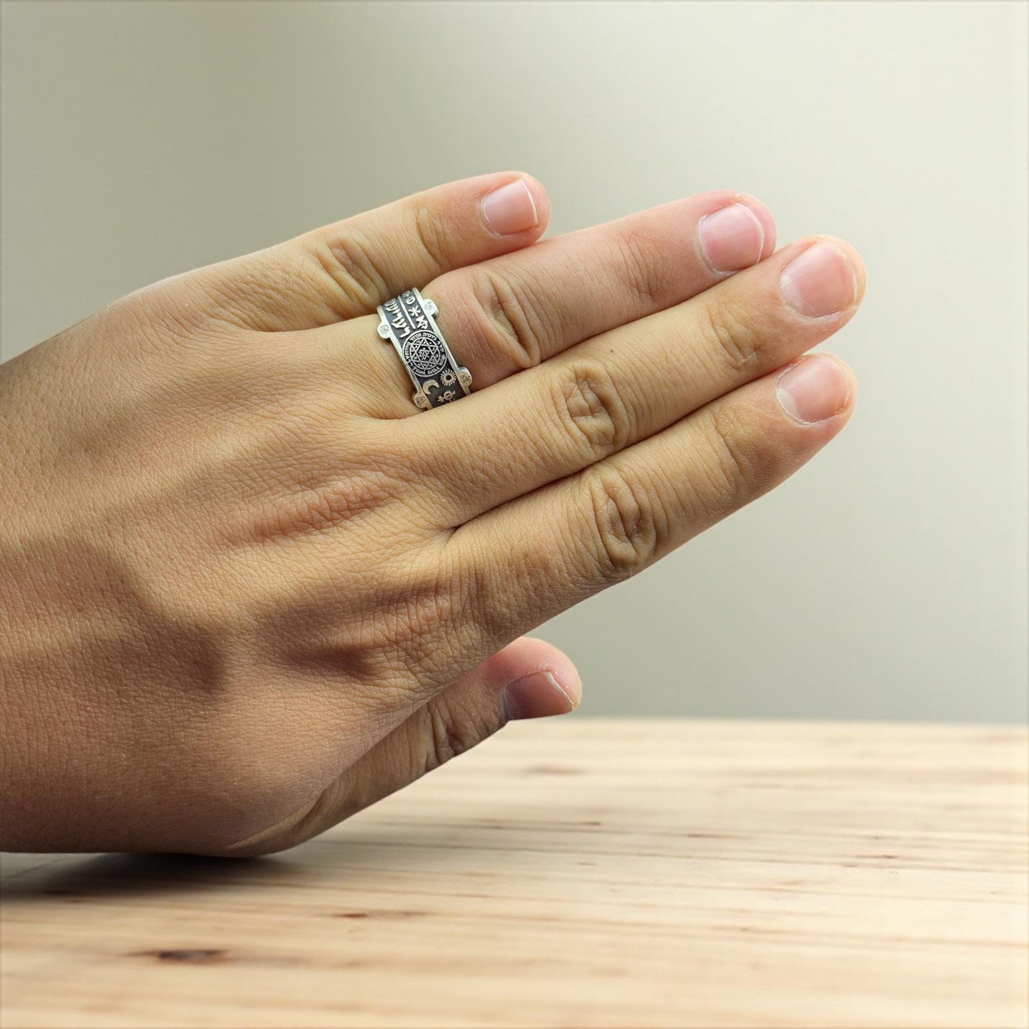 Mystic Symbols Ring with Solomon Seal – Handmade 925 Silver Band Featuring Hebrew and Celestial Talismans by CousinJewellry