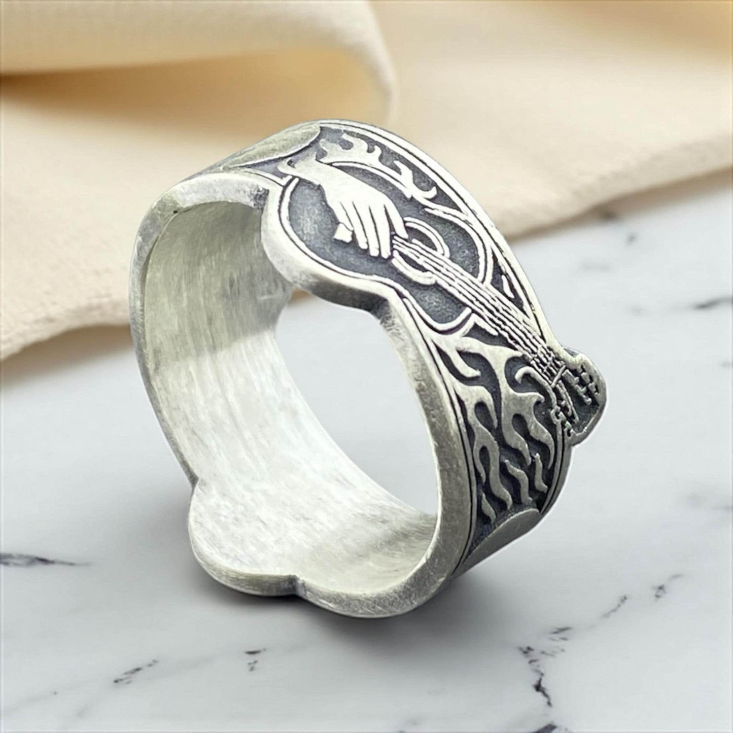 Flaming Guitar Silver Ring – Hand Engraved 925 Sterling Band for Musicians and Rock Lovers – Adjustable Handmade Cousinjewellry Ring