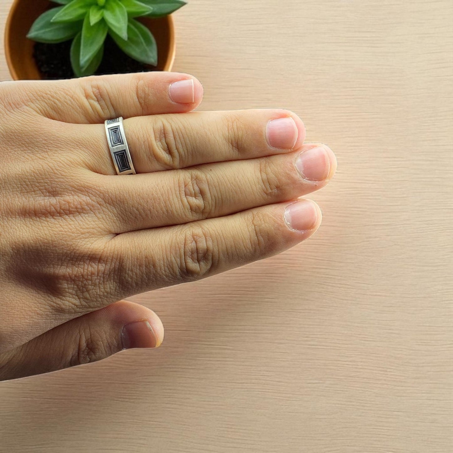 Geometric Engraved Silver Ring for Men – Minimalist Handmade 925 Sterling Band by Cousinjewellry – Artisan Pattern Statement Ring