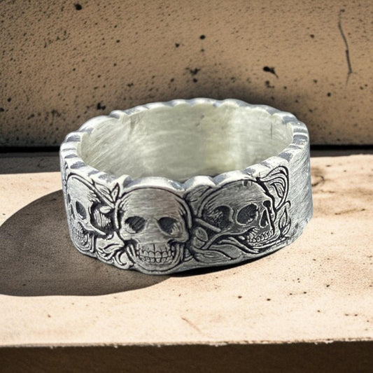 Skull Band Ring for Men, Sterling Silver Gothic Ring, Handmade Biker Ring, Oxidized Skeleton Design by cousinjewellry