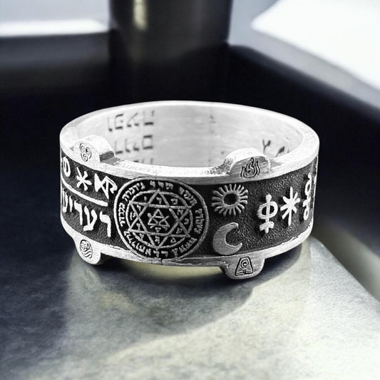 Mystic Symbols Ring with Solomon Seal – Handmade 925 Silver Band Featuring Hebrew and Celestial Talismans by CousinJewellry