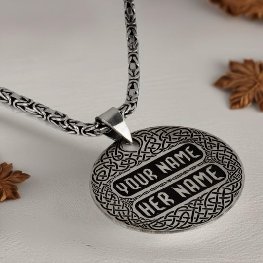 Customized Name Sterling Silver Celtic Knot Pendant Necklace | Personalized Couples Gift | Custom Engraved Round Medallion