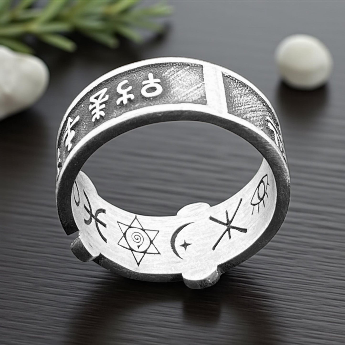 Mystic Symbols Ring with Solomon Seal – Handmade 925 Silver Band Featuring Hebrew and Celestial Talismans by CousinJewellry