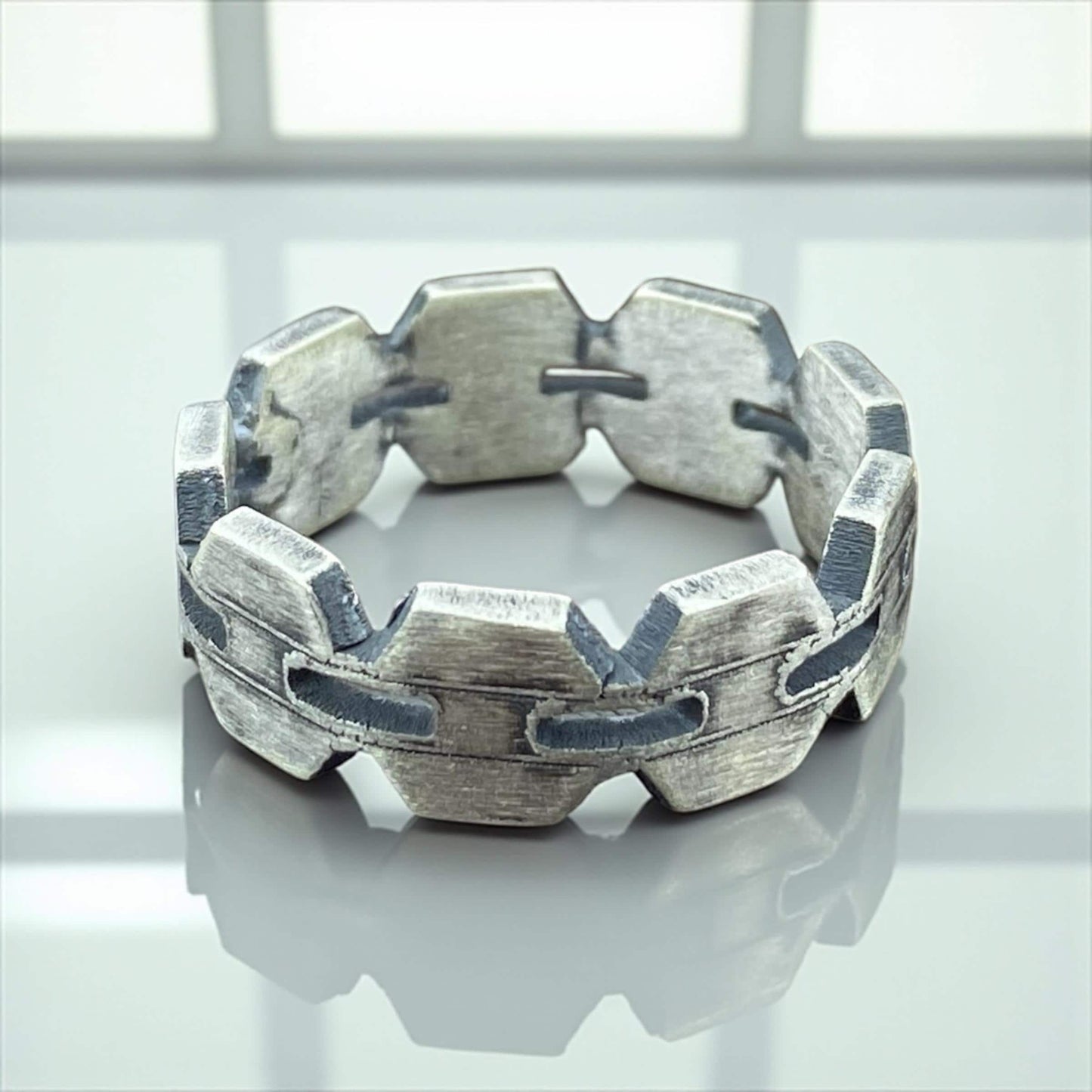 Industrial Hex Link 925 Sterling Silver Ring | Rustic Matte Chain Geometry Men’s Wedding Band Handcrafted by Cousinjewellry