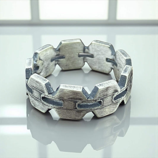 Industrial Hex Link 925 Sterling Silver Ring | Rustic Matte Chain Geometry Men’s Wedding Band Handcrafted by Cousinjewellry