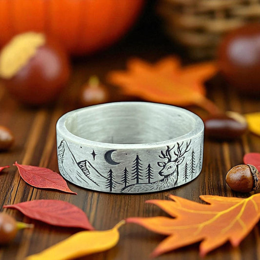 Handmade 925 Silver Nature Ring – Forest and Stag Engraved Men’s Band – Wilderness Night Scene Ring by Cousinjewellry