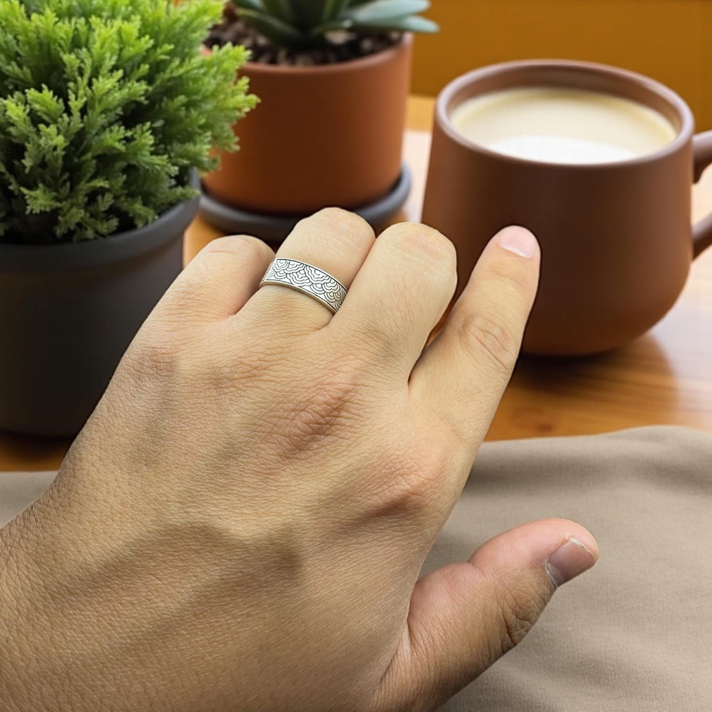 Seigaiha Wave Pattern 925 Sterling Silver Ring | Hand Engraved Japanese Ocean Wedding Band, Rustic Mens Promise Jewelry by Cousinjewellry