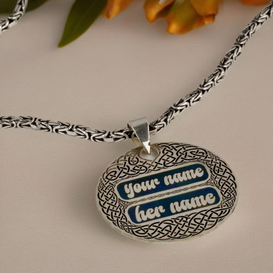 Custom Double Name Celtic Knot Pendant Necklace 925 Sterling Silver with D. Blue Enamel – Couples Gift, 1.18" Medallion by Cousin Jewellery.