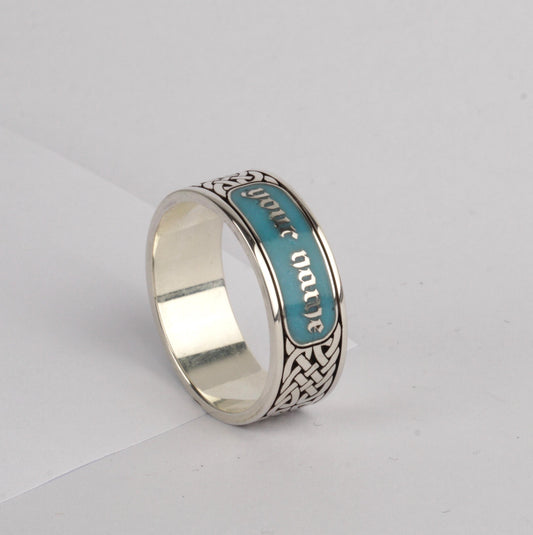Custom Name Sterling Silver Ring with Turquoise Enamel | Old English Engraved Celtic Knot Band | Unique Handmade Personalized Men's Gift.