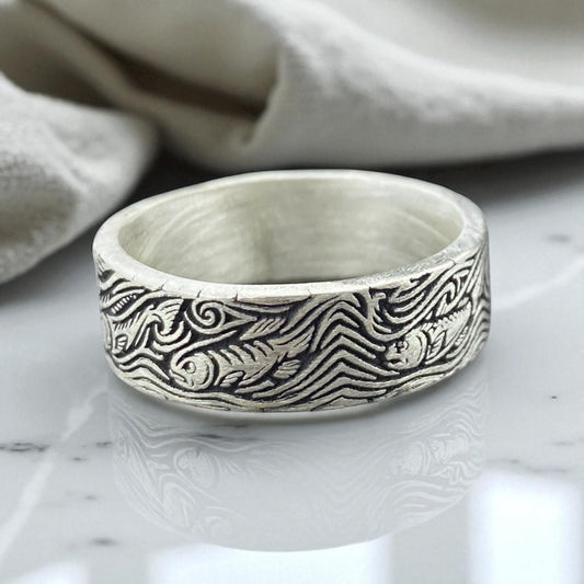 Handmade 925 Silver Engraved Ring – Artisan Botanical Pattern Band for Men – Vintage Style Nature Inspired Ring by Cousinjewellry