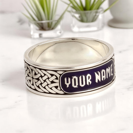 Custom Celtic Knot Name Ring Sterling Silver Blue Enamel Band Personalized Engraved Gift for Him and Her Wedding Anniversary.