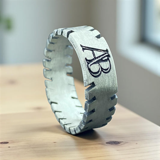 Custom Monogram Gear Edge 925 Sterling Silver Ring | Industrial Notched Personalized Men’s Wedding Band, Rustic Handmade Jewelry