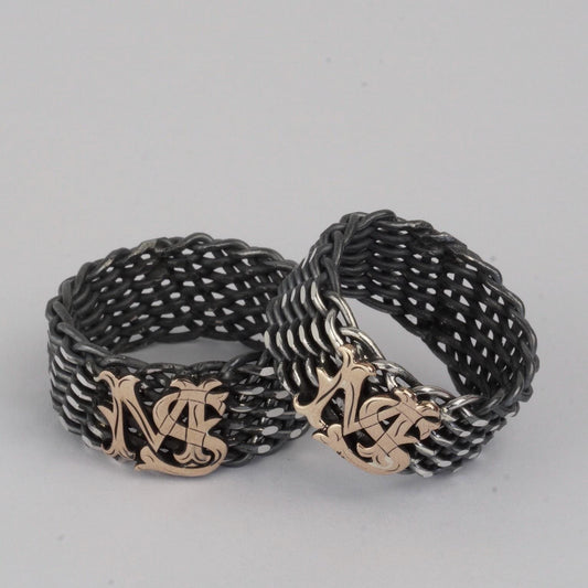 Custom Gothic Monogram Ring – Sterling Silver Chainmail Mesh Band, Two-Tone Oxidized Finish, Personalized Initial | Cousin Jewellery