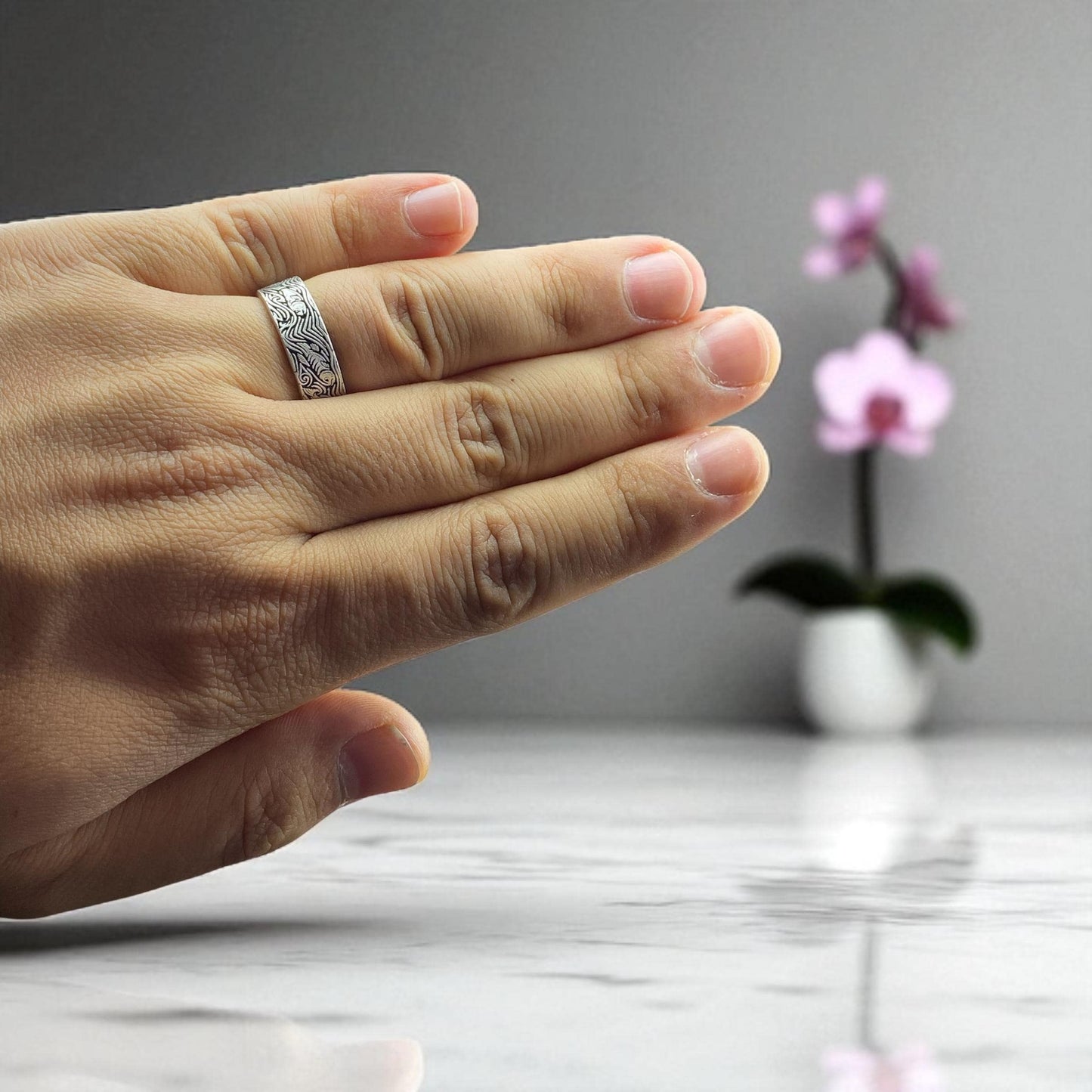 Handmade 925 Silver Engraved Ring – Artisan Botanical Pattern Band for Men – Vintage Style Nature Inspired Ring by Cousinjewellry