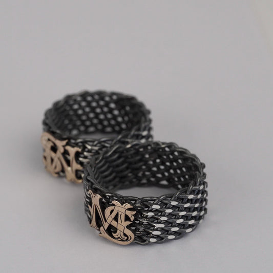Custom Gothic Monogram Ring – Sterling Silver Chainmail Mesh Band, Two-Tone Oxidized Finish, Personalized Initial | Cousin Jewellery