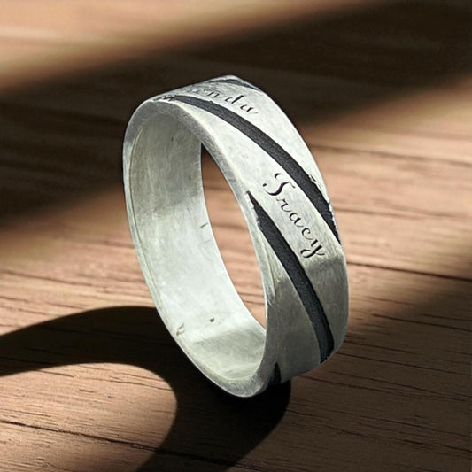 Custom Silver Name Ring for Couples – Engraved Handmade Band with Wavy Design – Personalized Anniversary Gift by Cousinjewellry