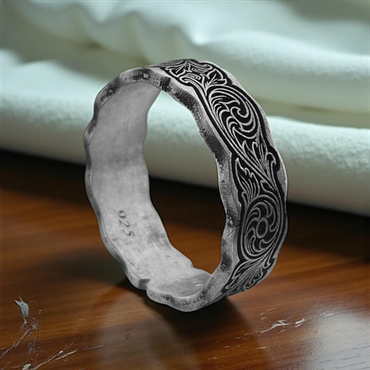 Baroque Scroll Sterling Silver 925 Ring | Handcrafted Wavy Edge Vintage Floral Men’s Band, Antiqued Wedding Ring by Cousinjewellry