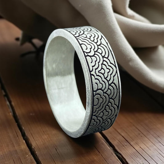 Seigaiha Wave Pattern 925 Sterling Silver Ring | Hand Engraved Japanese Ocean Wedding Band, Rustic Mens Promise Jewelry by Cousinjewellry