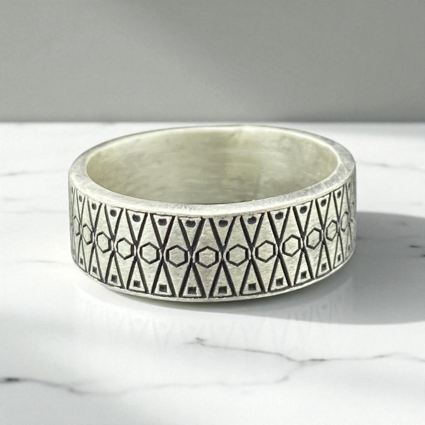 Sterling Silver Geometric Pattern Ring for Men – Handcrafted Oxidized Tribal Band by Cousinjewellry