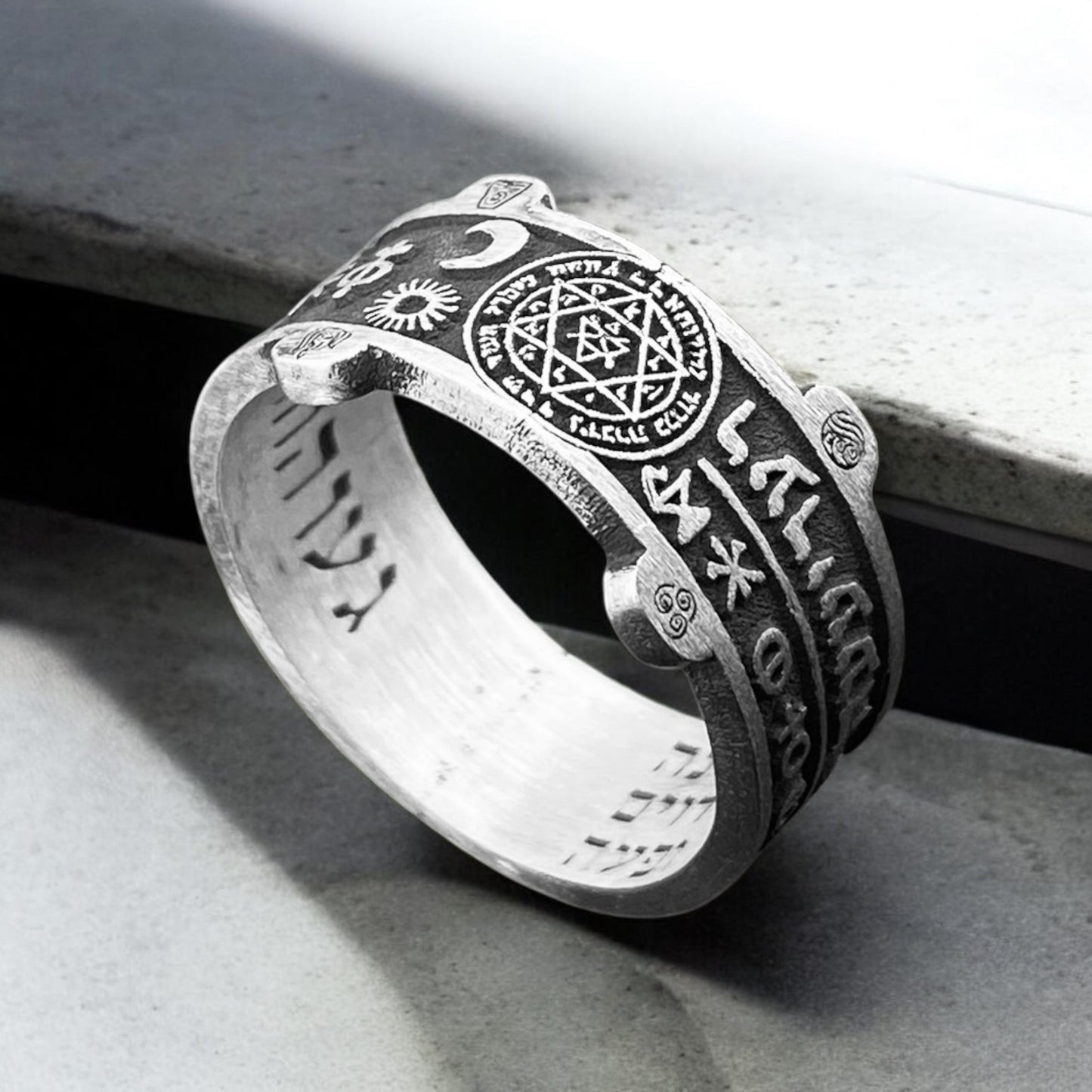 Mystic Symbols Ring with Solomon Seal – Handmade 925 Silver Band Featuring Hebrew and Celestial Talismans by CousinJewellry