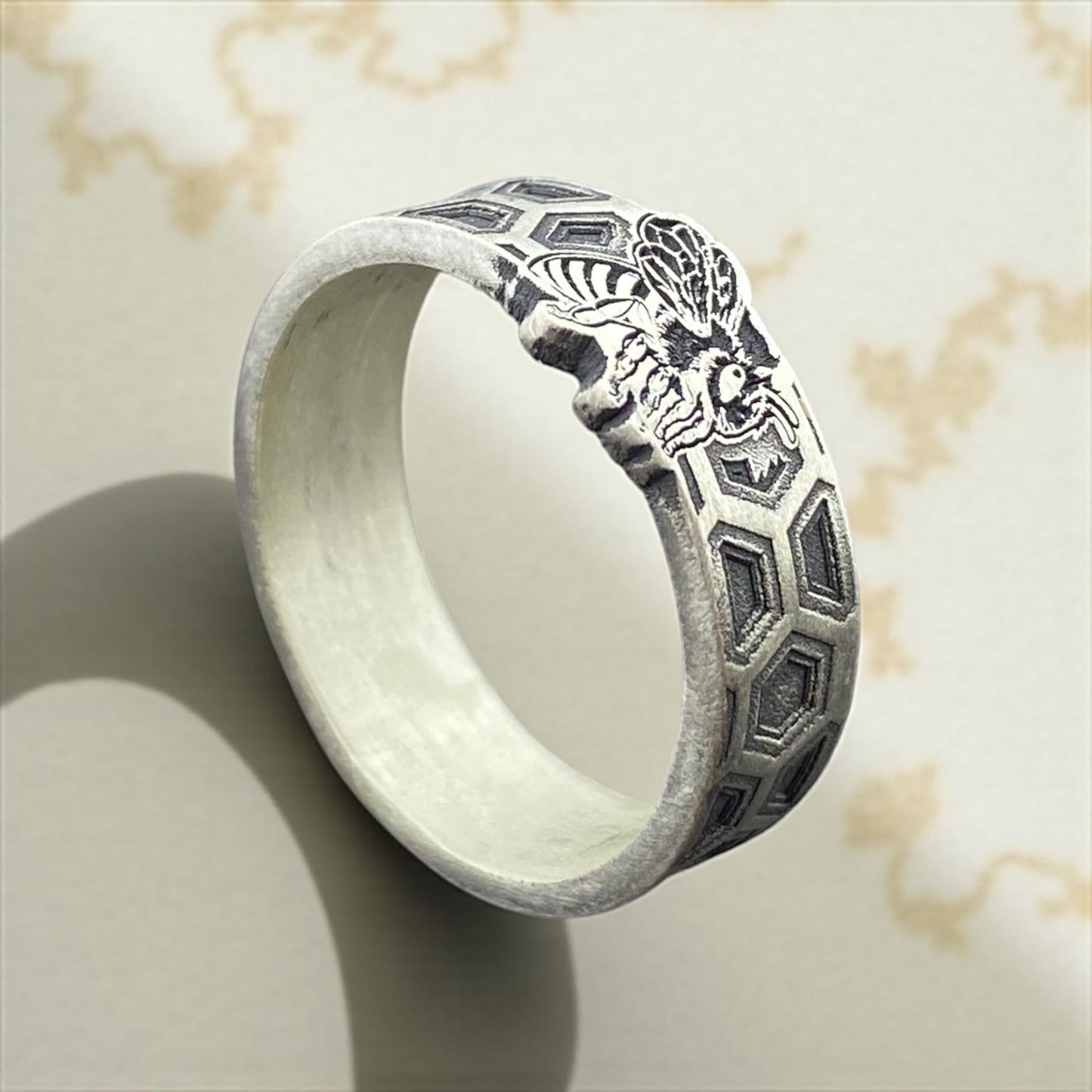 Honeybee Silver Ring – Handmade 925 Sterling Ring with Honeycomb Pattern for Nature Lovers by Cousinjewellry