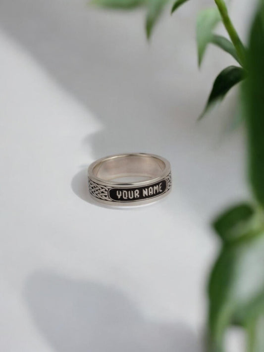 Custom Name Sterling Silver 925 Ring with Black Enamel | Celtic Knot Personalized Men’s Band, Handmade Wedding Anniversary Gift for Him