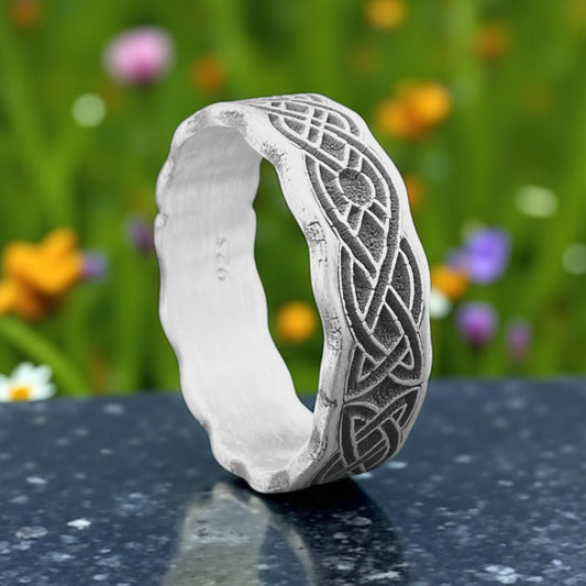 Rustic Celtic Knot Sterling Silver Ring | Hand Carved 925 Wavy Mens Band, Textured Antique Finish Wedding Promise Jewelry by Cousinjewellry