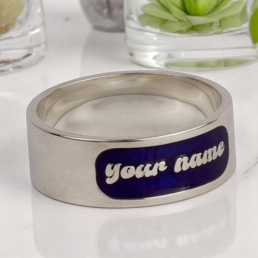 Custom Name Signet Band – Sterling Silver Blue Enamel Ring, Personalized Engraved Jewelry Gift for Him or Her, Wedding Anniversary