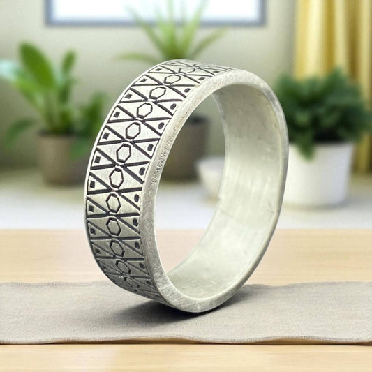 Sterling Silver Geometric Pattern Ring for Men – Handcrafted Oxidized Tribal Band by Cousinjewellry