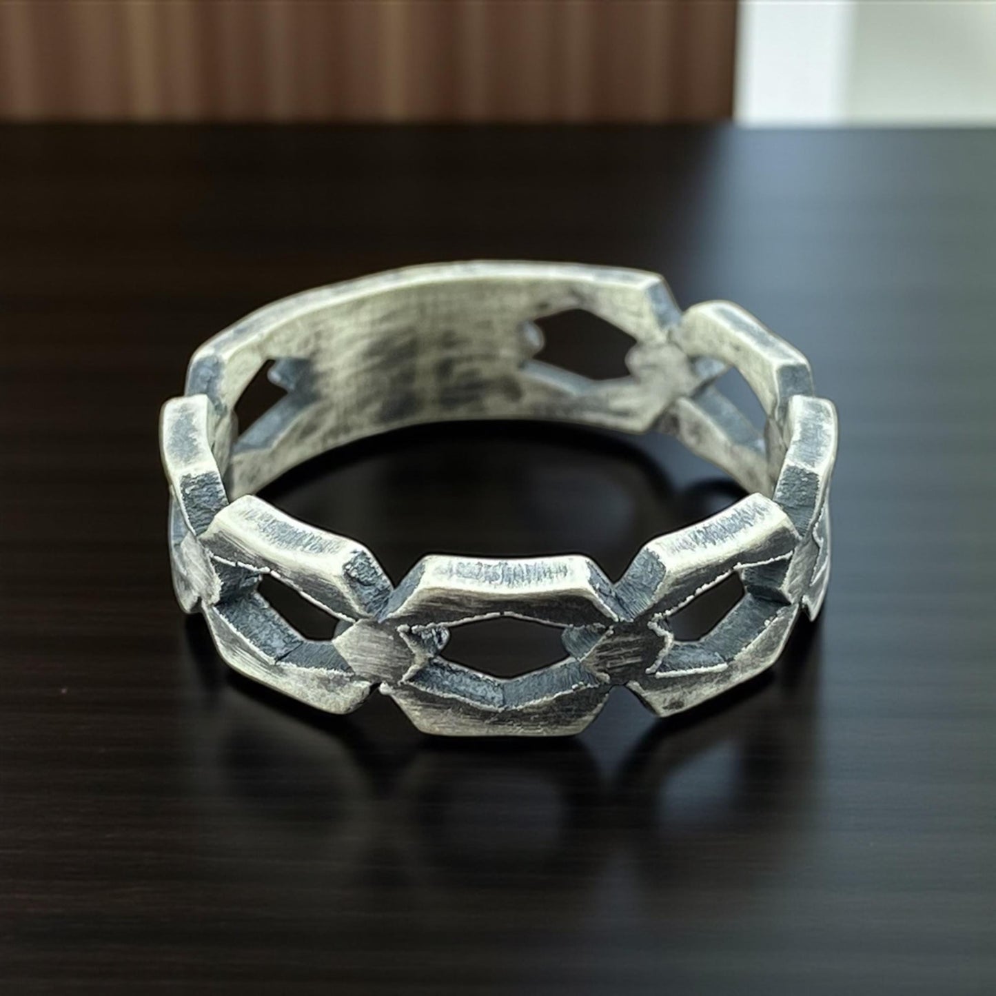 Geometric Cutout Sterling Silver 925 Men’s Ring | Rugged Industrial Hammered Chain Link Band, Handmade Wedding Jewelry by Cousinjewellry