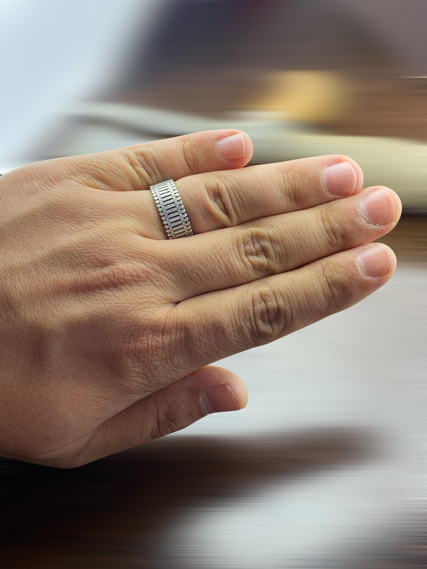 Sterling Silver Textured Men’s Ring – Vertical Carved Bold Band – Rustic Handmade 925 Silver Ring – Wide Pattern Ring Gift for Him